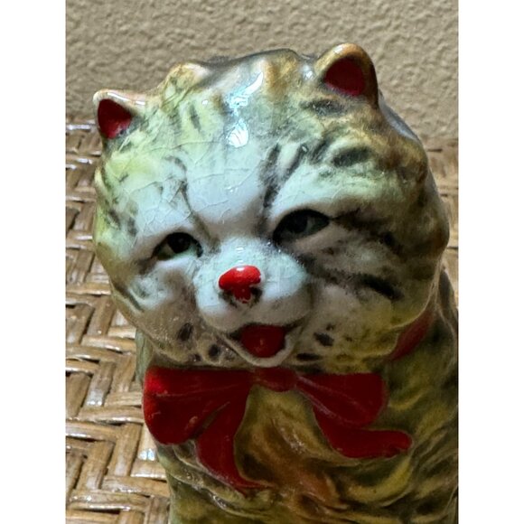 Vintage Porcelain Ceramic Cat Figurine With Red Bow Stands 5" - Picture 7 of 8